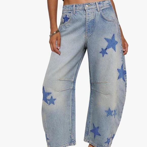 Astronomy Domain Star Printed Boyfriend Retro Horseshoe Jeans Light Blue - Picture 1 of 9